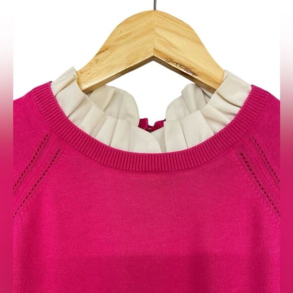 Talbots Lightweight Pink Sweater with White Cuff and Neck Ruffles Size Small - Picture 7 of 7